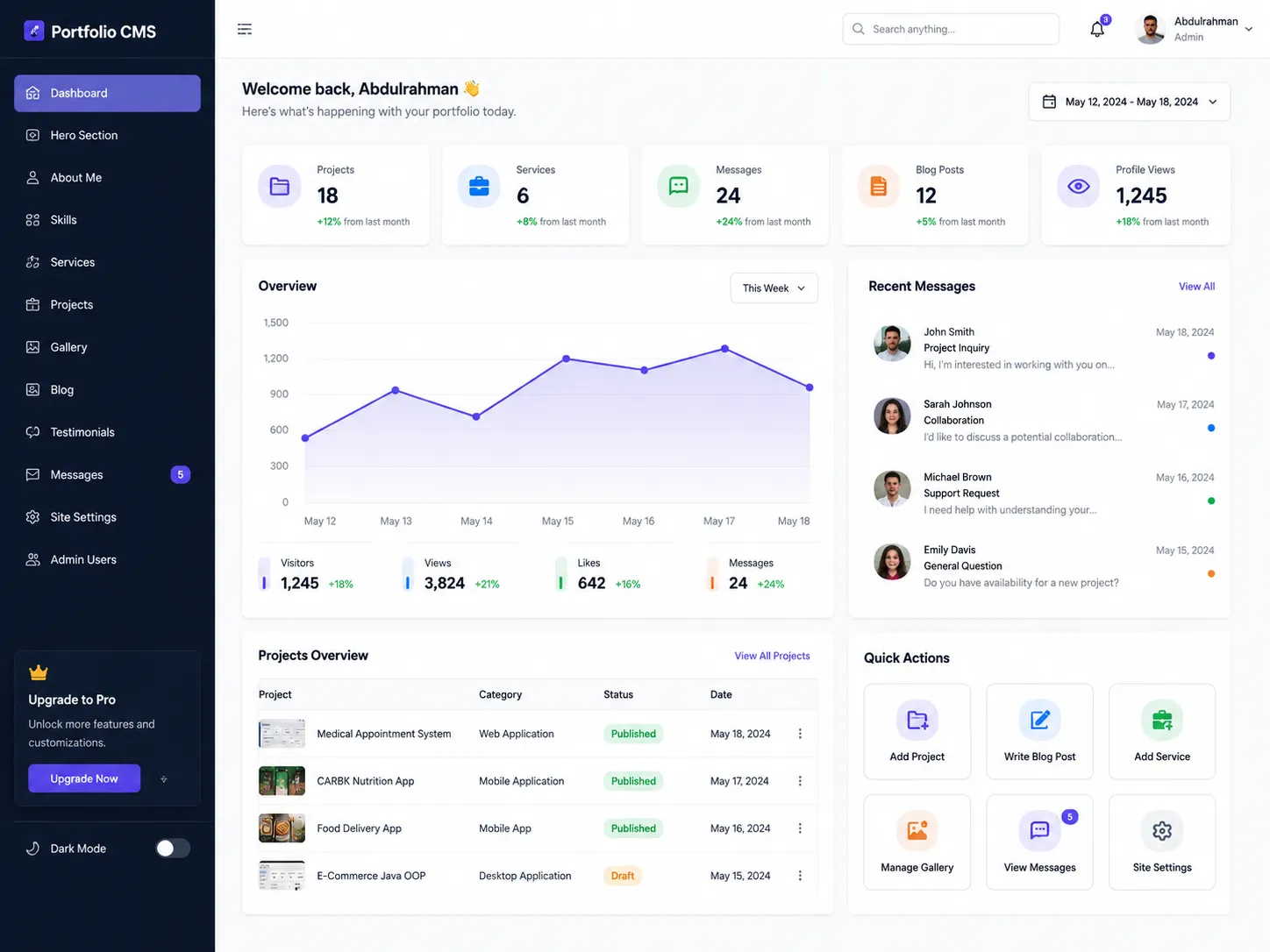 Developer Portfolio CMS Dashboard